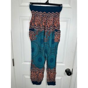Boho‎ Pants Harem Joggers Womens Medium Teal Orange Mandala Smocked High Waist